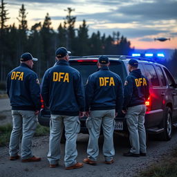 Four agents wearing blue jackets with yellow letters on the back saying DFA, cream pants with pockets, and caps saying DFA