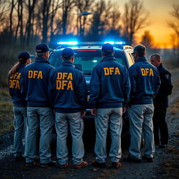 Four agents wearing blue jackets with yellow letters on the back saying DFA, cream pants with pockets, and caps saying DFA