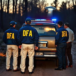 Four agents wearing blue jackets with yellow letters on the back saying DFA, cream pants with pockets, and caps saying DFA