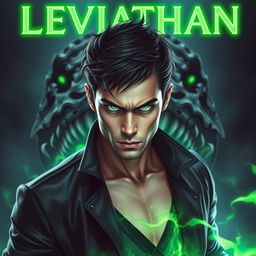 A striking man with piercing green eyes and black medium-length hair