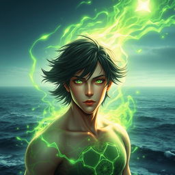 A captivating digital art piece featuring a young man with mesmerizing green eyes, standing in front of a vast ocean