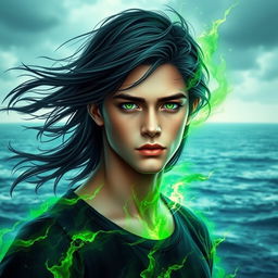 A captivating digital art piece featuring a young man with mesmerizing green eyes, standing in front of a vast ocean