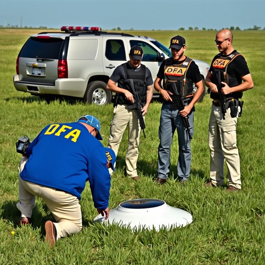 Two agents in blue jackets with yellow letters on the back saying DFA, wearing cream pants with pockets and caps saying DFA, are examining a fallen UFO in a field