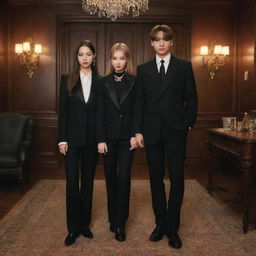 Lisa from Blackpink and Jungkook from BTS dressed in classic mafia-style suits, standing in a dimly lit room with a vintage aesthetic.