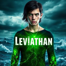 A digital artwork featuring a young man with striking green eyes, standing before a tumultuous ocean under a dark, stormy sky