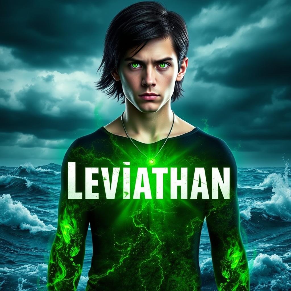 A digital artwork featuring a young man with striking green eyes, standing before a tumultuous ocean under a dark, stormy sky