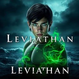 A digital artwork featuring a young man with striking green eyes, standing before a tumultuous ocean under a dark, stormy sky