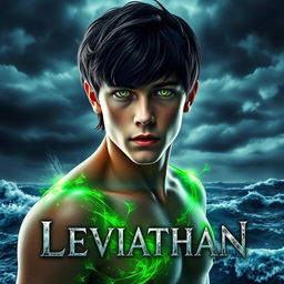 A digital artwork featuring a young man with striking green eyes, standing before a tumultuous ocean under a dark, stormy sky