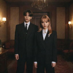 Lisa from Blackpink and Jungkook from BTS dressed in classic mafia-style suits, standing in a dimly lit room with a vintage aesthetic.