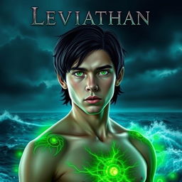 A digital artwork portraying a young man with vibrant green eyes, standing against a backdrop of the roaring ocean under a stormy, dark sky