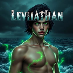 A digital artwork portraying a young man with vibrant green eyes, standing against a backdrop of the roaring ocean under a stormy, dark sky