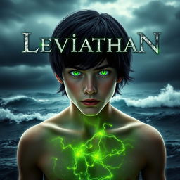A digital artwork portraying a young man with vibrant green eyes, standing against a backdrop of the roaring ocean under a stormy, dark sky