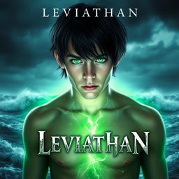 A digital artwork portraying a young man with vibrant green eyes, standing against a backdrop of the roaring ocean under a stormy, dark sky