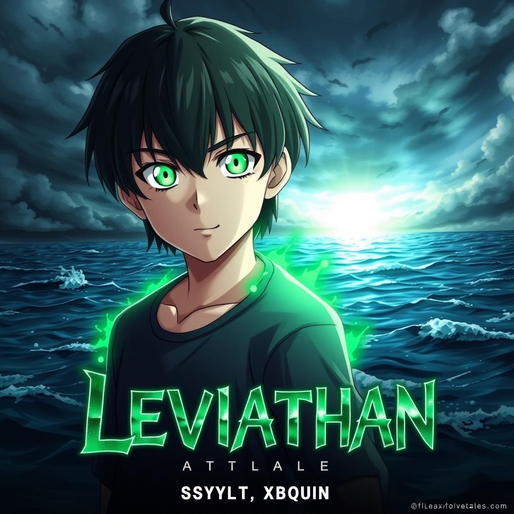 A digital anime artwork depicting a young boy with vibrant green eyes, positioned against a dramatic ocean background under a stormy, dark sky