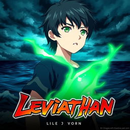 A digital anime artwork depicting a young boy with vibrant green eyes, positioned against a dramatic ocean background under a stormy, dark sky