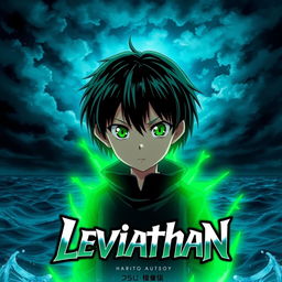 A digital anime artwork depicting a young boy with vibrant green eyes, positioned against a dramatic ocean background under a stormy, dark sky