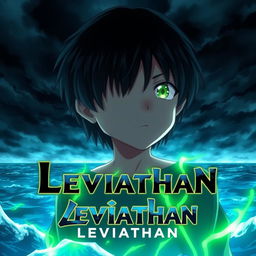 A digital anime artwork depicting a young boy with vibrant green eyes, positioned against a dramatic ocean background under a stormy, dark sky