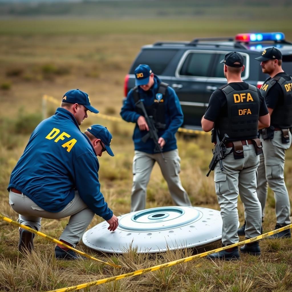 Two agents in blue jackets with yellow letters on the back saying DFA, wearing cream pants with pockets and caps saying DFA, are analyzing a fallen UFO in a field