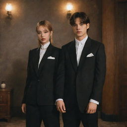 Lisa from Blackpink and Jungkook from BTS dressed in classic mafia-style suits, standing in a dimly lit room with a vintage aesthetic.