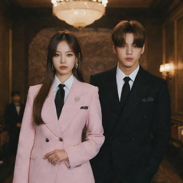 Lisa from Blackpink and Jungkook from BTS dressed in classic mafia-style suits, standing in a dimly lit room with a vintage aesthetic.