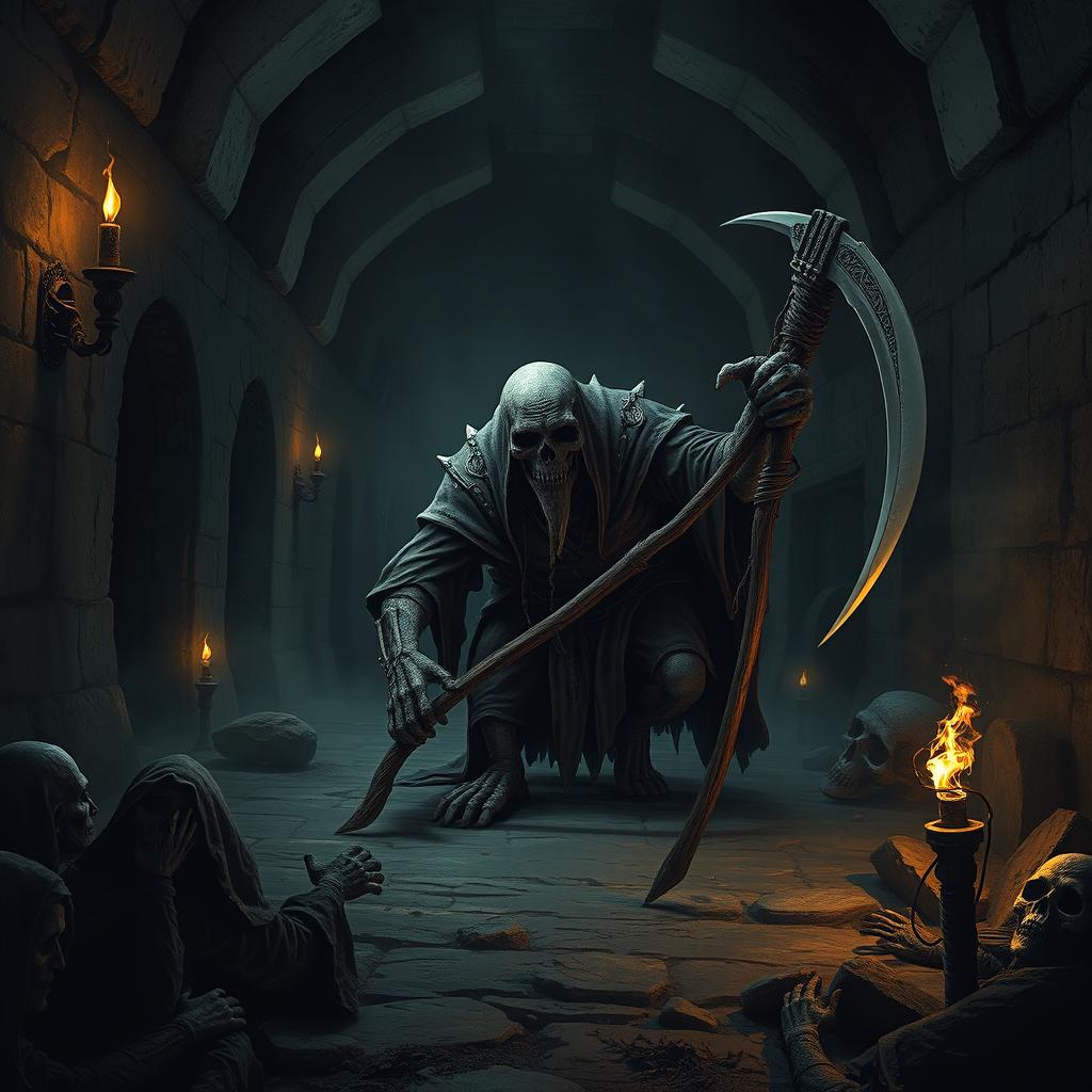 An ancient, undead male embodying the grim reaper or grave digger character, crawling ominously across the ground through a dark crypt at night