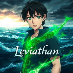 A realistic anime digital artwork showcasing a young man with captivating green eyes, standing before the fierce ocean under a brooding, stormy sky