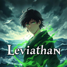 A realistic anime digital artwork showcasing a young man with captivating green eyes, standing before the fierce ocean under a brooding, stormy sky