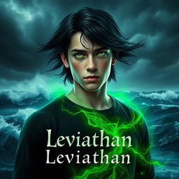 A realistic digital artwork featuring a young man with striking green eyes, standing before the tumultuous ocean under a dark, storm-laden sky