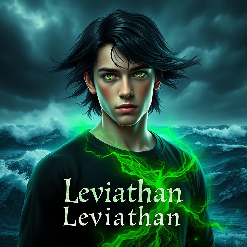 A realistic digital artwork featuring a young man with striking green eyes, standing before the tumultuous ocean under a dark, storm-laden sky