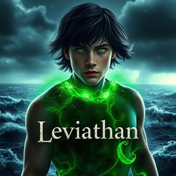 A realistic digital artwork featuring a young man with striking green eyes, standing before the tumultuous ocean under a dark, storm-laden sky