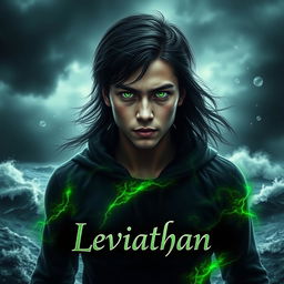 A realistic digital artwork featuring a young man with striking green eyes, standing before the tumultuous ocean under a dark, storm-laden sky