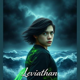 A realistic digital artwork featuring a young man with striking green eyes, standing before the tumultuous ocean under a dark, storm-laden sky