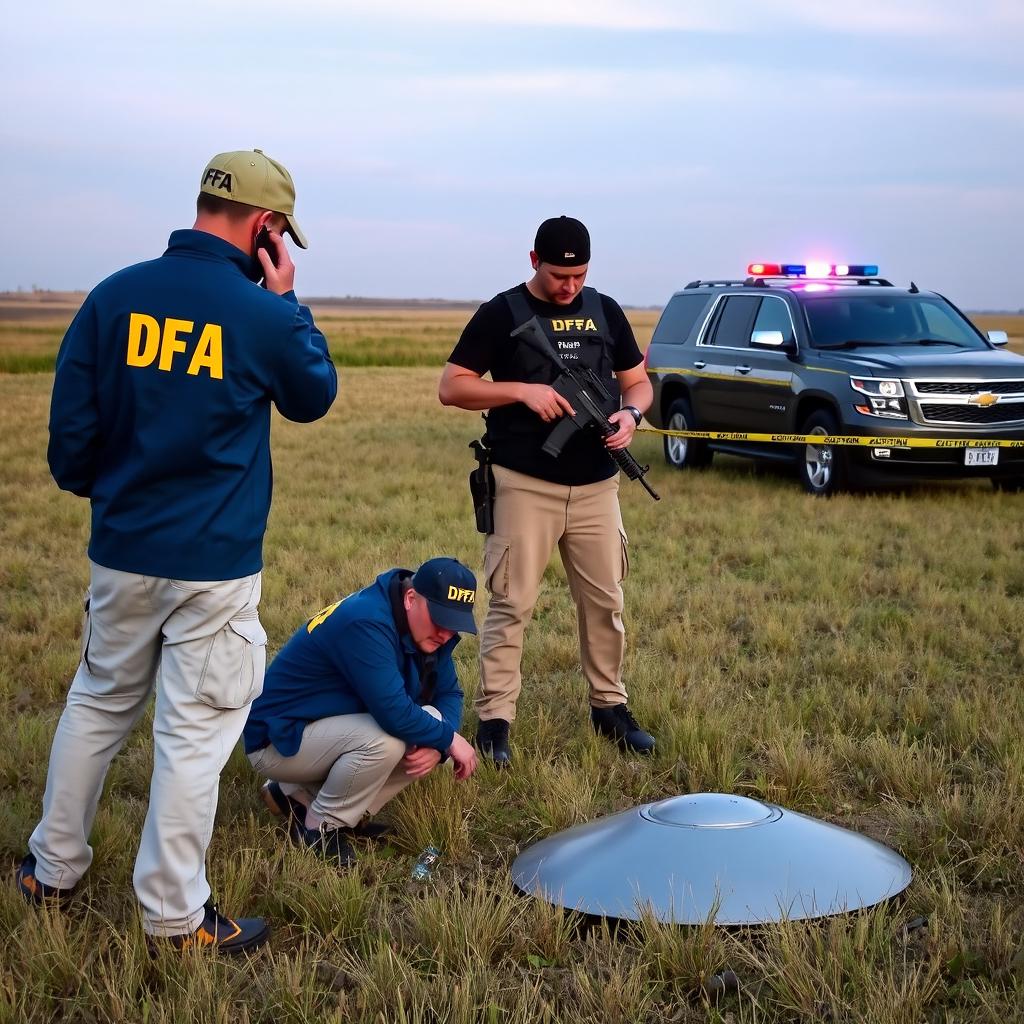 Two investigators are on site analyzing a fallen UFO in a field