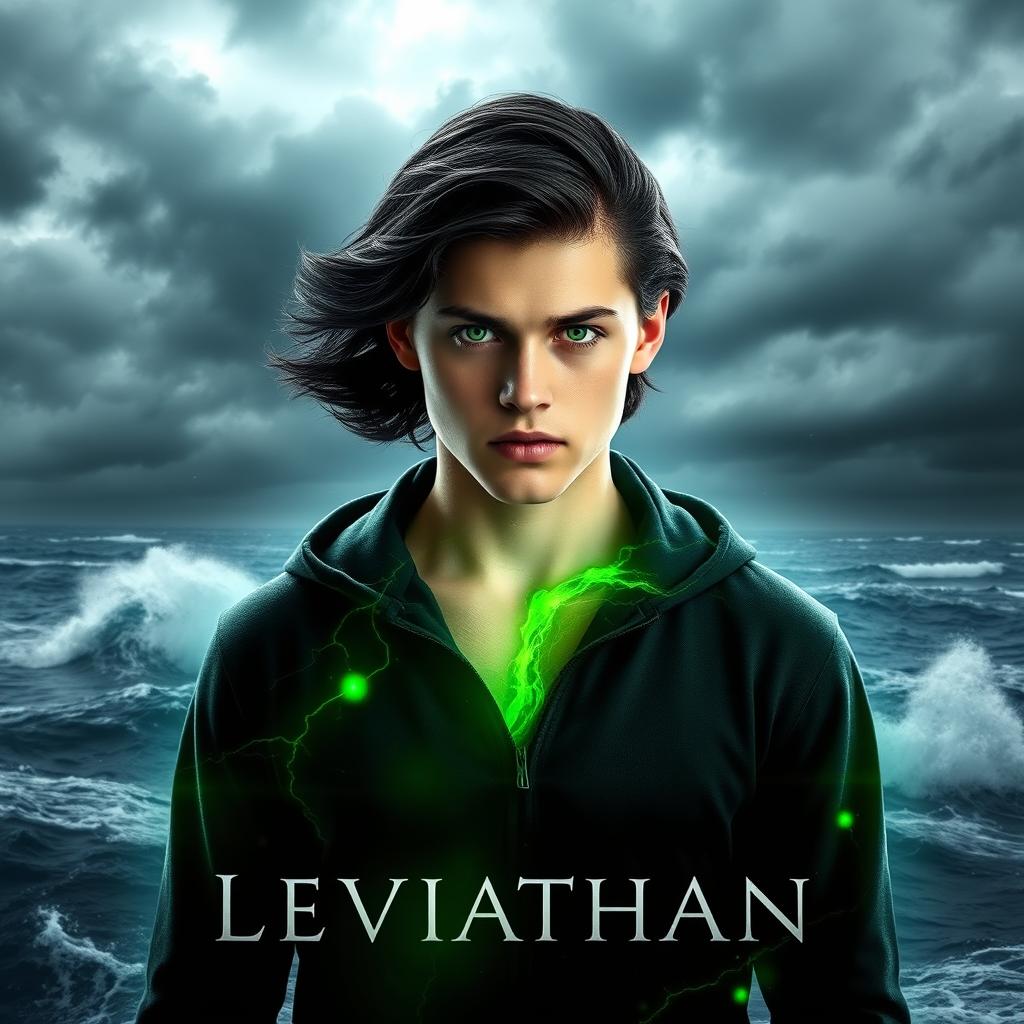 A realistic digital artwork featuring a young man with striking green eyes, standing in front of a tumultuous ocean with a dark, stormy sky as the backdrop