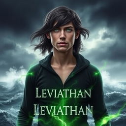 A realistic digital artwork featuring a young man with striking green eyes, standing in front of a tumultuous ocean with a dark, stormy sky as the backdrop