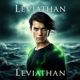 A realistic digital artwork featuring a young man with striking green eyes, standing in front of a tumultuous ocean with a dark, stormy sky as the backdrop