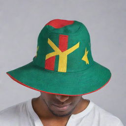 A stylish hat featuring the Grenadian flag, with its design elements harmoniously incorporated into the design of the hat.