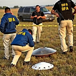 Two investigators in blue jackets with yellow letters on the back stating DFA, wearing cream pants with pockets, are examining a fallen UFO in a field