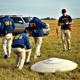 Two investigators in blue jackets with yellow letters on the back stating DFA, wearing cream pants with pockets, are examining a fallen UFO in a field