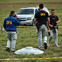 Two investigators in blue jackets with yellow letters on the back stating DFA, wearing cream pants with pockets, are examining a fallen UFO in a field