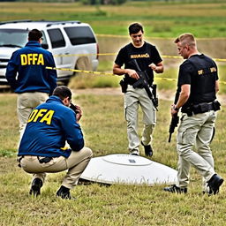 Two investigators in blue jackets with yellow letters on the back stating DFA, wearing cream pants with pockets, are examining a fallen UFO in a field