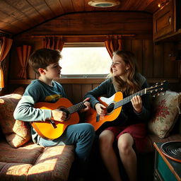 A rustic caravan interior with cozy and colorful decor