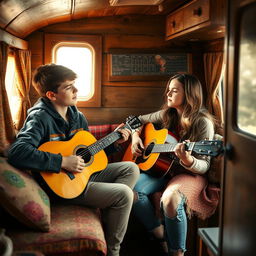 A rustic caravan interior with cozy and colorful decor