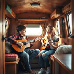 A rustic caravan interior with cozy and colorful decor