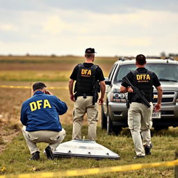 Two investigators in blue jackets with yellow letters on the back stating DFA, wearing cream pants with pockets, are examining a UFO that has fallen in a field