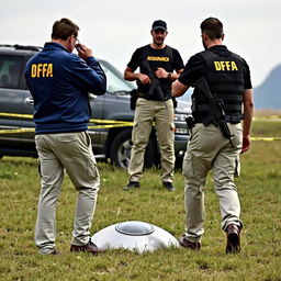 Two investigators in blue jackets with yellow letters on the back stating DFA, wearing cream pants with pockets, are examining a UFO that has fallen in a field