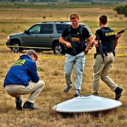 Two investigators in blue jackets with yellow letters on the back stating DFA, wearing cream pants with pockets, are examining a UFO that has fallen in a field