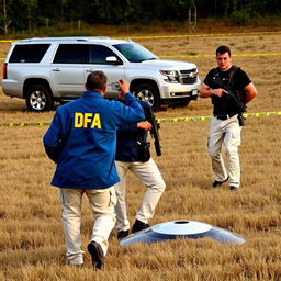 Two investigators in blue jackets with yellow letters on the back stating DFA, wearing cream pants with pockets, are examining a UFO that has fallen in a field