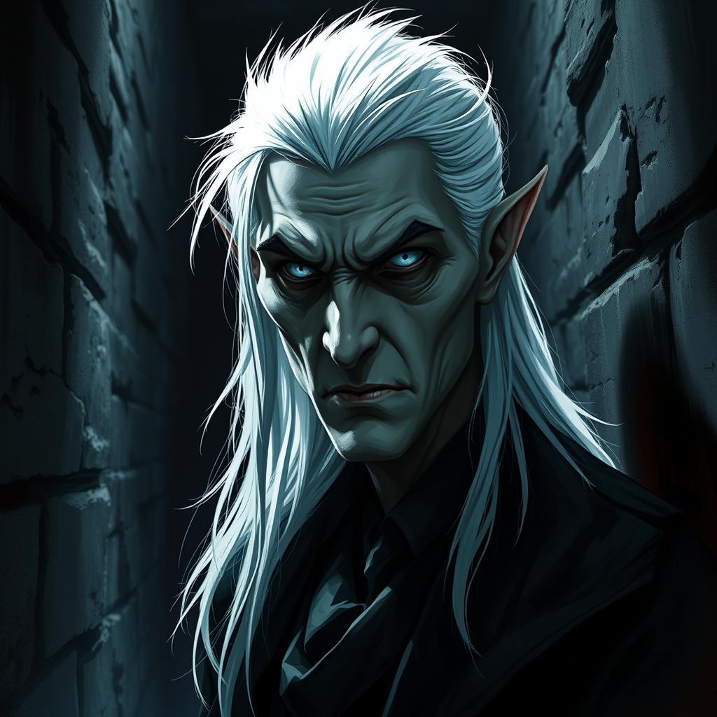 A well-characterized vampire lord with striking white hair and pointed ears, depicted in a dark and foreboding atmosphere