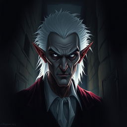 A well-characterized vampire lord with striking white hair and pointed ears, depicted in a dark and foreboding atmosphere